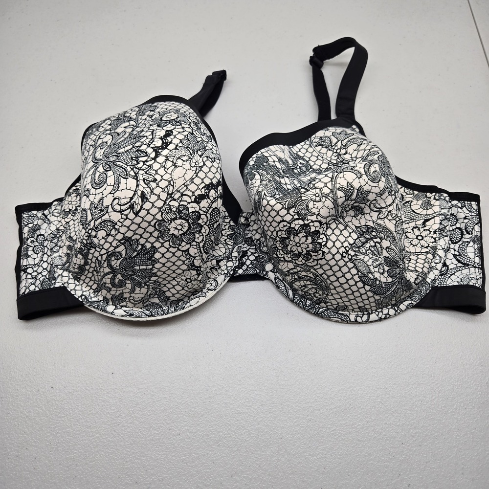 Cacique Women Bra 44DDD Black white Floral T Shirt Underwired Lace Mesh READ